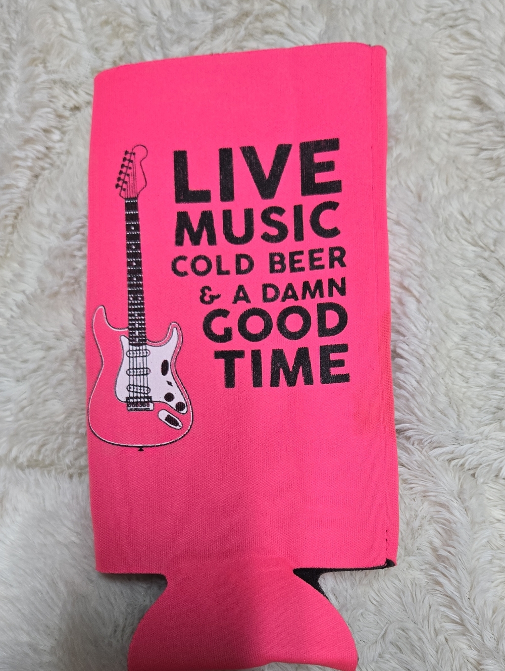Neon Pink Guitar "Live Music Cold Beer & A Damn Good Time" Can Cooler